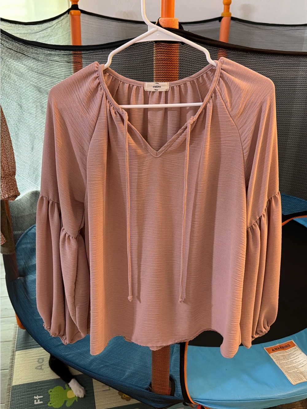 entro Dusty Rose Peasant Blouse with Tie Neck